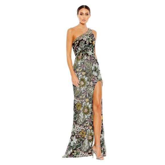 Mac Duggal – Embellished Floral One Shoulder Gown – Black Multi – Size 6 - Picture 8 of 12